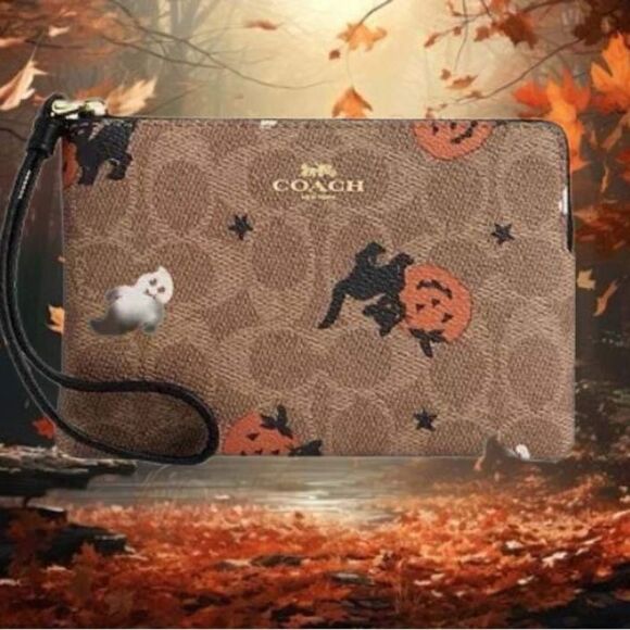 Corner Zip Wristlet In Signature Canvas With Halloween Graphic Wallet Bag Purse - Picture 8 of 10